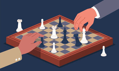 Human hands playing chess. Business strategy, beat opponent, pawns and rooks, officers, king, chess pieces and a board. Chessboard cartoon flat style isolated nowaday vector concept
