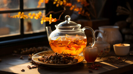 Tea Moments. Teapot and Steeping Tea Leaves - obrazy, fototapety, plakaty