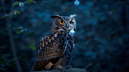 Obraz premium Majestic Horned Owl Perched Silently on a Moonlit Branch - A Super Realistic Image Capturing the Intense Gaze of a Horned Owl, Illuminated by the Soft Glow of Moonlight.