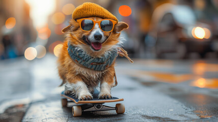 Street Dog Takes on the Town with Oversized Sunglasses and a Skateboard