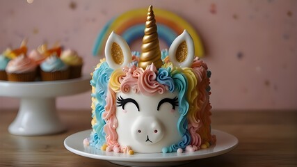 A pastel-colored unicorn cake with a golden horn and rainbow mane, ready for a magical celebration. 
