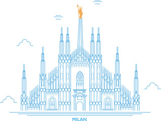 A freehand design of the Duomo of Milan, view of the Milan Cathedral. Overview of the facade of the cathedral in white marble. Buttresses, pinnacles and spiers. Statue of the Madonnina. Italy