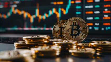 Bitcoins in front of a stock market chart on background, earning concept