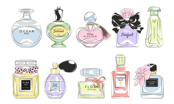 Cartoon perfumery bottles. Vintage glass flask with spray, designer packages, luxury fragrances, beauty unisex products, different flacons with dispenser, tidy vector isolated beauty product set