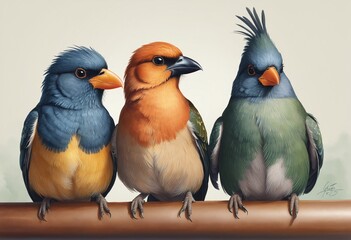 three birds in Bright Colours watercolor illustration