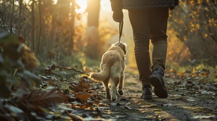 A serene park setting with a person leisurely walking their dog. The lush greenery, winding paths, and peaceful atmosphere create a perfect backdrop for a relaxing stroll with your furry companion.