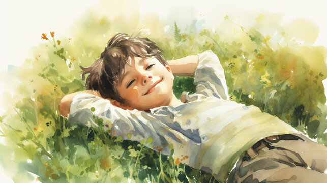 watercolor illustration of a relaxing scene with a child lying happily in a field of wildflowers 