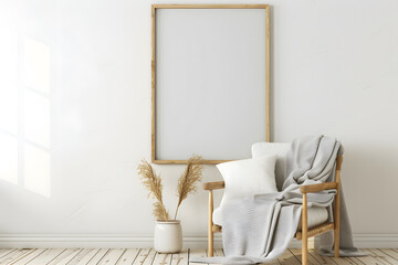 Empty wooden picture frame mockup hanging on wall background.