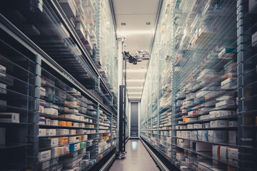 A pharmacy storage room and a robot hand are arranging and store out drugs in a pharmacy.