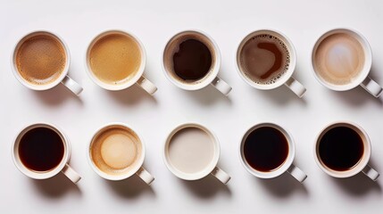 Variety of coffee types in white cups from above. Flat lay composition with place for text. Coffee assortment concept.