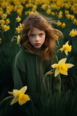 A young girl with flowing hair stands amidst a field of daffodils, her striking gaze and green coat contrasting with the vibrant yellow flowers.