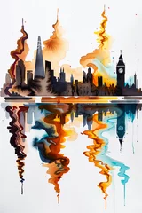 Deurstickers Loose abstract  London skyline illustration, including iconic landmarks. In flowing loose watercolor style with bleeding vibrant colors, expressive mark making © dreamalittledream