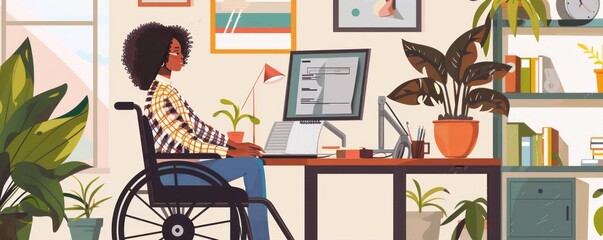African-American woman in wheelchair working at home office setup with computer and plants.
