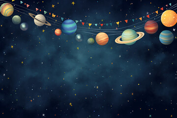 Stylized illustration of the solar system with colorful planets strung like garlands against a starry space background, banner style.
