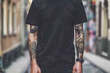 Model in simple men's black T-shirt