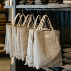 Stylish Linen Totes with Clothing Displayed at a Boutique Opening