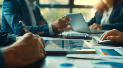 A panel of diverse professionals using smart table technology to display supporting data during a debate, with natural light highlighting their engaged expressions. , natural light