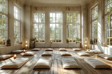Large sunny meditation space with big windows.