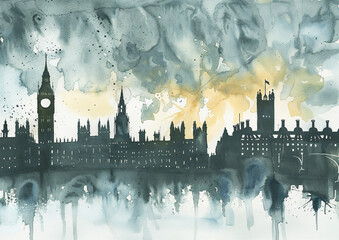 Traditional skyline painting of London city, in muted greys and blues, showing iconic landmarks, Westminster Tower including Big Ben, the Thames river, and a warm sunrise - obrazy, fototapety, plakaty
