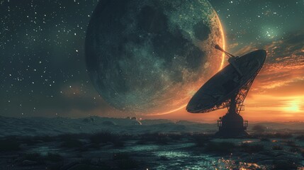 Futuristic satellite dish under a glowing moon on a starry night: A surreal exploration scene - obrazy, fototapety, plakaty