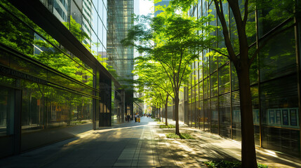 A green corridor in the city offers a tranquil walking path between rows of convenience stores and beneath tall office buildings, with sunlight filtering through leaves creating da - obrazy, fototapety, plakaty