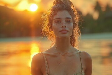 A portrait of young very beautiful woman in sunset light field.