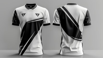 Modern sports jersey in white and black with brand logo isolated on white