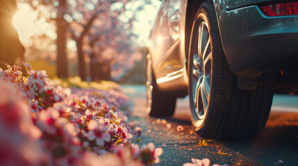 A car parked on a road lined with blooming flowers, sunlight highlighting the tire and warm pavement. , natural light, soft shadows, with copy space