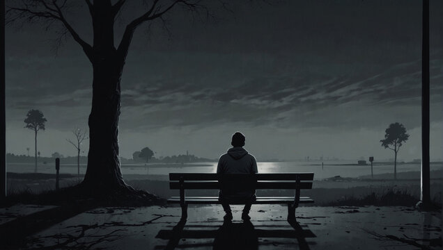A sad man is sitting on a bench