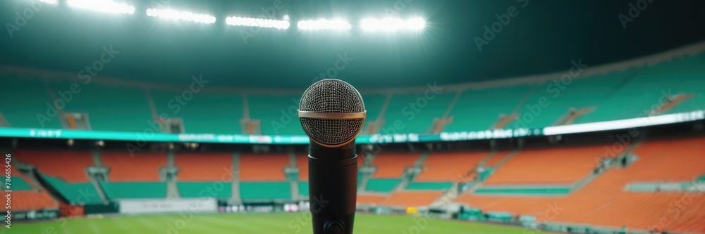 Wall mural International Sports Journalist Day. a sports journalist. a journalist with a microphone. microphone in the background of the stadium. a journalist on the background of the stadium