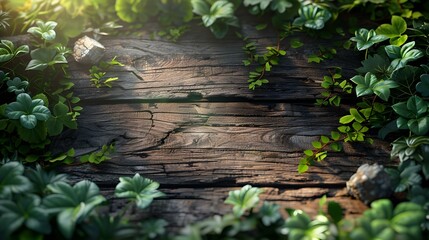 Sun-Dappled Serenity: Green Leaves on Wooden Planks. Concept Nature Photography, Serene Scenes, Sunlight Effects, Wooden Textures, Botanical Backgrounds