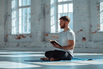 Handsome man sitting and reading a book in white yoga class