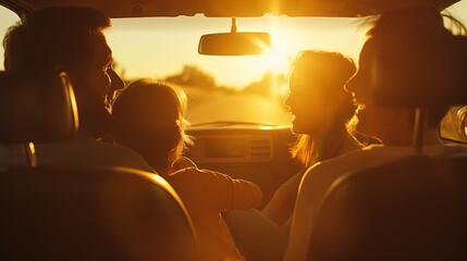 A mother and father glancing back at their kids playing in the backseat, all sharing a moment of laughter in a car bathed in the golden glow of a sunset. , natural light, soft shad - obrazy, fototapety, plakaty