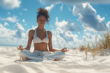 Young Afro-American woman sitting in meditation pose on the beach.