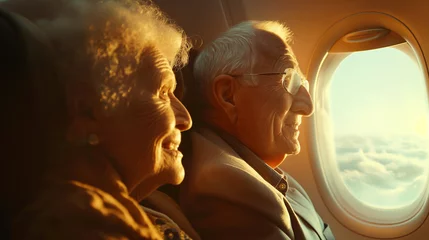 Foto op Plexiglas An elderly couple excitedly looks out an airplane window during takeoff, sunlight highlighting their faces and casting soft shadows in the cabin. , natural light, soft shadows, wit © Катерина Євтехова