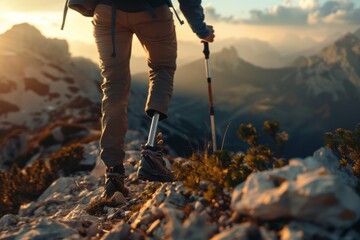 A man with a prosthetic leg climbs a mountain. Close-up of a hiker's legs with trekking poles on a mountain trail at sunset, with a scenic mountain range in the background.