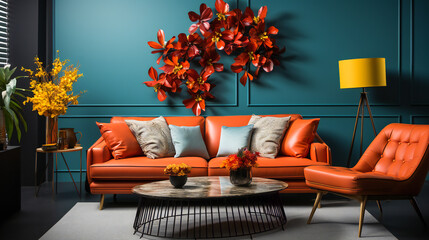 Modern living room interior  in hot  orange und teal green color