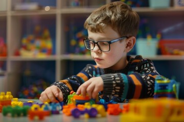 Young boy with glasses playing with colorful building blocks in a playroom