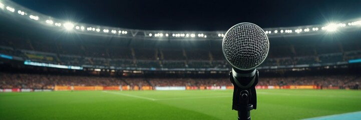 International Sports Journalist Day. a sports journalist. a journalist with a microphone. microphone in the background of the stadium. a journalist on the background of the stadium - obrazy, fototapety, plakaty