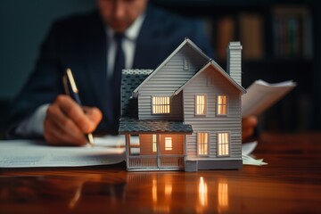 Miniature house and a key with a businessman in the background signing documents