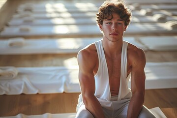 Young handsome man sitting in yoga class.
