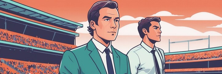 International Sports Journalist Day. a sports journalist. a journalist with a microphone. microphone in the background of the stadium. a journalist on the background of the stadium