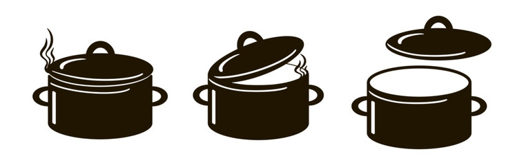 Set of three pots. The black silhouette of an open pan, half-open with steam and with a lid. Stock vector illustration isolated on a white background