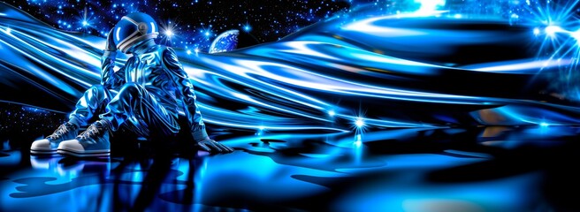 Digital artwork Astronaut, lost in space, fabric of time, blue chrome planet Earth stars. 