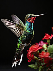 Female Ruby-throated Hummingbird (archilochus colubris) with red flowers on black background