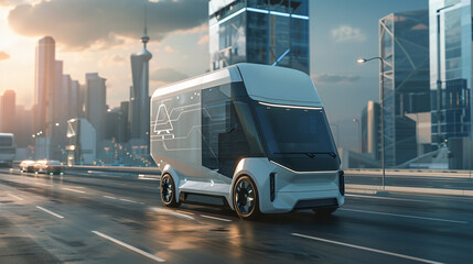 futuristic electric delivery minivan truck driving in city highway with full self driving system network infrastructure wide banner with copy space