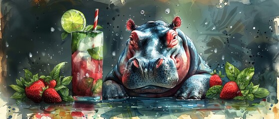 Cartoon hippo with mojito cocktails, watercolor illustration, summer clipart with funny character, great for card and print designs - obrazy, fototapety, plakaty