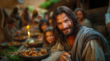 Jesus Christ celebrates Christmas at a large outdoor banquet