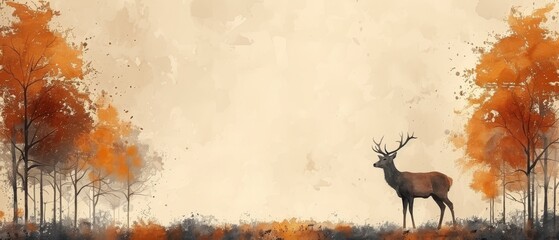 Decorative Nordic art picture with deer in an autumn landscape, Nordic poster and banner suitable for wallpaper, printing and interior design