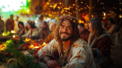 Jesus Christ celebrates Christmas at a large outdoor banquet